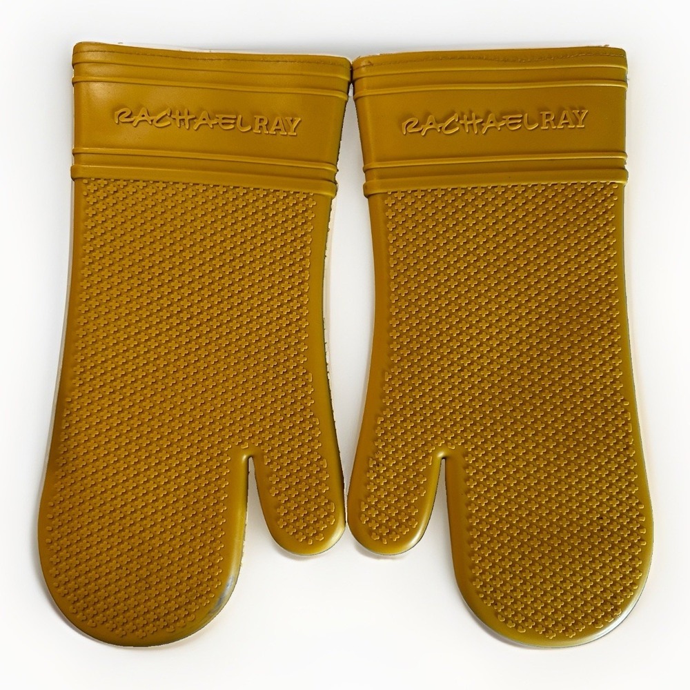 Rachael Ray Silicone Oven Mitts Quilted Fabric Lining 14" Set of 2 Retro Mustard